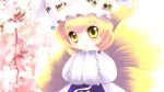  blonde_hair blush chibi fox_tail hands_in_sleeves hat hat_with_ears highres multiple_tails short_hair solo tail touhou yakumo_ran yellow_eyes yume_shokunin 