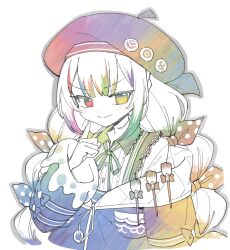 1girl beret black_jacket bow closed_mouth collared_shirt commentary_request finger_to_cheek furrowed_brow hat heterochromia highres jacket jogasaki_noah long_hair long_sleeves looking_at_viewer mahou_shoujo_no_majo_saiban multi-tied_hair multicolored_hair neck_ribbon paintbrush polka_dot polka_dot_bow red_eyes ribbon shirt simple_background smile solo streaked_hair suno_(imydream) upper_body white_background white_hair white_shirt yellow_eyes 