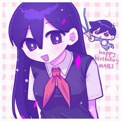  1boy 1girl antenna_hair barefoot blue_pajamas blue_pants blush character_name chibi collared_shirt colored_skin commentary confetti double-parted_bangs english_commentary english_text hair_between_eyes happy_birthday hero_(headspace)_(omori) hero_(omori) highres holding holding_party_popper long_hair long_sleeves looking_at_viewer mari_(headspace)_(omori) mari_(omori) neckerchief omori open_mouth pajamas pants party_popper purple_hair purple_sweater_vest red_neckerchief shirt short_hair short_sleeves smile striped_clothes striped_pajamas striped_pants sweater_vest two-tone_pajamas two-tone_pants vertical-striped_clothes vertical-striped_pajamas vertical-striped_pants violet_eyes white_pajamas white_pants white_shirt white_skin yksm_oe 