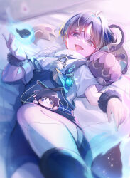  1boy anemo_symbol_(genshin_impact) animal_on_shoulder animalization arms_at_sides black_cat black_hair black_overalls blue_gem blue_hair blunt_ends casual cat cat_on_shoulder character_doll colored_inner_hair contemporary dated doll eyeliner eyeshadow feet fingernails foot_focus fur_wrist_cuffs gem genshin_impact glowing_gem grey_eyes halloween halloween_costume highres hitodama indoors kneehighs looking_at_viewer lying makeup male_focus marionette marionette_controller multicolored_hair official_alternate_costume on_back onion_tama2525 open_hands overalls person_and_animalization puppet red_eyeliner red_eyeshadow scaramouche_(cat)_(genshin_impact) scaramouche_(genshin_impact) short_sleeves signature socks solo tongue tongue_out vision_(genshin_impact) wanderer_(genshin_impact) white_sleeves white_socks wispy_bangs wrist_cuffs 