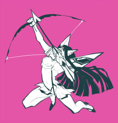 archery arrow_(projectile) black_hair bow bow_(weapon) commentary english_commentary holding holding_arrow holding_bow_(weapon) holding_weapon junketsu kamui_(kill_la_kill) kill_la_kill kiryuuin_satsuki living_clothes revealing_clothes spot_color thick_eyebrows trunchbull weapon 