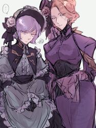  ... 1boy 1girl alternate_costume black_corset black_gloves black_hat bonnet brother_and_sister center_frills chinstrap closed_mouth commentary corset cowboy_shot crossdressing crossdressing_(mtf) dress frilled_sleeves frills garma_zabi gloves green_bonnet green_dress gundam hat highres ianyumis kycilia_zabi lolita_fashion long_sleeves looking_at_viewer mini_hat mini_top_hat mobile_suit_gundam orange_hair purple_dress purple_hair purple_hat short_hair siblings simple_background sketch spoken_ellipsis squiggle sweat top_hat trap watermark white_background wide_sleeves 