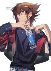  1boy black_shirt bottle brown_eyes brown_hair commentary cowboy_shot highres holding holding_bottle jacket male_focus red_jacket shirt simple_background solo symbol-only_commentary watermark wet white_background yoshio_296 yu-gi-oh! yu-gi-oh!_gx yuki_judai 