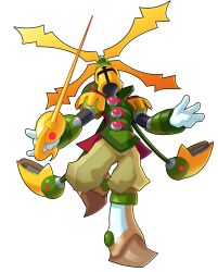  1boy absurdres armor armored_boots boots cape commentary commission crown english_commentary foil_(fencing) full_armor fur-trimmed_cape fur_trim gauntlets gold_helmet green_armor helm helmet highres holding holding_scepter king knight leg_up mega_man_(series) mega_man_x_(series) parody propeller propeller_knight redesign scepter shovel_knight simple_background solo standing standing_on_one_leg style_parody ultimatemaverickx white_background 