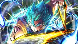  1boy arm_blade blue_eyes blue_hair blue_shirt dougi dragon_ball dragon_ball_super earrings energy_ball eye_trail flying gloves highres jewelry light_trail medium_hair motion_blur motion_lines muscular muscular_male orange_shirt potara_earrings ryo_lovevegito shirt sketch solo speed_lines spiky_hair super_saiyan super_saiyan_blue vegetto weapon white_gloves 