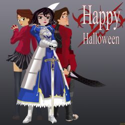  absurdres archer_(fate) archer_(fate)_(cosplay) armor armored_boots armored_dress artoria_pendragon_(fate) black_skirt black_thighhighs blue_dress blush boots breastplate brown_hair cassandra_(tangled) cosplay dress excalibur_(fate/stay_night) fate/stay_night fate_(series) flynn_rider from_behind gem gradient_background happy_halloween highres holding holding_gem holding_sword holding_weapon jewelry juliet_sleeves lipstick long_dress long_sleeves looking_at_viewer looking_back makeup mehefin013 miniskirt nose_blush puffy_sleeves rapunzel_(disney) red_lips red_sweater saber_(fate) saber_(fate)_(cosplay) short_hair short_sword skirt sweater sword thigh-highs tohsaka_rin tohsaka_rin_(cosplay) variant_set weapon 