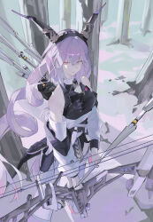  1girl absurdres arknights arrow_(projectile) ay4_la bare_shoulders black_dress black_hairband black_shirt bow_(weapon) breasts commentary_request demon_girl demon_horns detached_sleeves dress feet_out_of_frame forest hair_between_eyes hairband highres holding holding_bow_(weapon) holding_weapon horns jacket long_hair long_sleeves looking_at_viewer medium_breasts nature off_shoulder outdoors parted_lips pink_eyes purple_hair quiver red_eyes shirt sleeveless snow solo standing typhon_(arknights) very_long_hair weapon white_jacket 