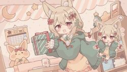 1girl :d absurdres animal_ear_fluff animal_ears blonde_hair blush braid cardigan cat_ears cat_girl chibi collared_dress colon_br commentary_request commission contrast_collar cowboy_shot double-parted_bangs dress frilled_shirt_collar frills gift green_cardigan hair_between_eyes hanamaru_lily highres holding holding_gift long_hair long_sleeves looking_at_viewer mismatched_pupils open_cardigan open_clothes open_mouth original outline polka_dot polka_dot_background red_eyes skeb_commission smile star-shaped_pupils star_(symbol) symbol-shaped_pupils twin_braids white_outline yellow_dress 