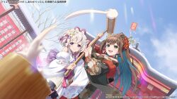  2girls :d aqua_hair arm_up artist_request assault_lily back_bow bare_shoulders bare_tree black_bow black_kimono blurry blurry_foreground blush bow breasts brown_hair choker closed_mouth colored_inner_hair commentary_request copyright_notice cowboy_shot day depth_of_field dutch_angle earrings flower from_below fur-trimmed_kimono fur-trimmed_sleeves fur_trim furisode green_eyes grey_hair hair_flower hair_ornament hair_ribbon hand_up hands_up high_ponytail highres holding holding_mallet ishizuka_fujino japanese_clothes jewelry kimono kine long_hair long_sleeves looking_at_object looking_down mallet medium_breasts medium_hair mochitsuki multicolored_hair multiple_girls off_shoulder official_alternate_costume official_alternate_hairstyle official_art open_mouth outdoors pink_ribbon ponytail print_kimono purple_bow red_choker red_flower ribbon ring shiozaki_suzume shrine side-by-side single_earring sleeveless sleeveless_kimono smile standing tassel tassel_hair_ornament teeth tied_omikuji tree two-handed two-tone_hair upper_teeth_only very_long_hair violet_eyes white_flower white_kimono wide_sleeves winter 