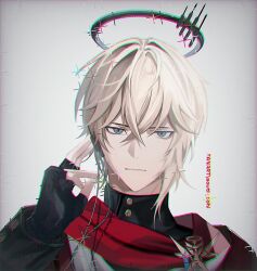  1boy arknights black_gloves black_halo blonde_hair chromatic_aberration closed_mouth commentary crossed_bangs executor_(arknights) fingerless_gloves gloves grey_background grey_eyes hair_between_eyes halo hand_on_own_ear highres laterano_logo long_sleeves looking_at_viewer male_focus mechanical_halo portrait short_hair solo south_cohi turtleneck twitter_username watermark 