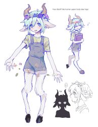  2boys :d ? ?? ^_^ androgynous animal_ears antenna_hair bare_arms basil_(headspace)_(omori) basil_(omori) blue_eyes blue_hair blush bright_pupils brown_horns closed_eyes collarbone commentary cropped_shoulders deer_boy deer_ears deer_tail double-parted_bangs english_commentary flower flower_wreath full_body green_shirt grey_overalls grin hair_between_eyes head_wreath highres hooves horns leaf male_focus multiple_boys multiple_views musical_note omori open_mouth orange_flower orange_rose overall_shorts overalls pink_flower pink_rose purple_flower purple_rose rose shirt short_hair short_sleeves sidelocks simple_background smile standing standing_on_one_leg stranger_(omori) sukinakoto1ppai t-shirt tail teeth upper_teeth_only walking white_background white_eyes white_flower white_fur white_pupils white_tail yellow_flower 