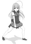  :o ahoge checkered checkered_skirt chestnut_mouth fighting_stance greyscale haiyore!_nyaruko-san huge_ahoge loafers long_hair looking_at_viewer mis_res monochrome nyarlathotep_(nyaruko-san) open_mouth shadow shoes simple_background skirt solo thigh-highs thighhighs white_background zettai_ryouiki 