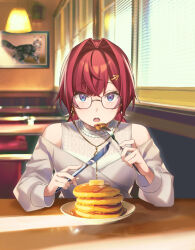  1girl :o ange_katrina ange_katrina_(5th_costume) bare_shoulders blurry blurry_background brown-framed_eyewear cafe cat clothing_cutout commentary_request crossed_bangs eating elbow_rest food fork glasses gold_necklace hair_intakes hair_ornament hairpin hands_up highres holding_utensil indoors jewelry knife layered_shirt light_blush long_sleeves looking_at_viewer medium_hair necklace nijisanji pancake pancake_stack photo_background plate pov_across_table rectangular_eyewear red_hair shirt shoulder_cutout solo straight-on syrup table teeth th@nk upper_body upper_teeth_only variant_set violet_eyes virtual_youtuber white_shirt window 