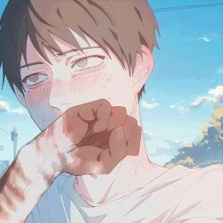  1boy artist_name black_hair blue_sky blush clenched_hand clouds commentary day embarrassed english_commentary fingernails grey_eyes hand_on_own_face highres hikaru_ga_shinda_natsu kimchi15922858 male_focus mole mole_on_cheek mole_under_eye multiple_moles scar scar_on_arm scar_on_hand shirt short_hair sky solo sweat tsujinaka_yoshiki white_shirt 