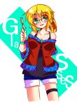 adapted_costume bare_shoulders bespectacled blonde_hair breasts cleavage gin_(shioyude) glasses green_eyes mizuhashi_parsee open_mouth pointy_ears shorts smile solo thigh_strap touhou 