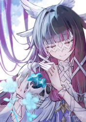  1girl absurdres black_hair blue_flower blurry blurry_foreground bow closed_eyes columbina_(genshin_impact) commentary eye_mask facing_viewer flower genshin_impact gradient_hair head_wings highres holding holding_skull kurage_67 long_hair mask multicolored_hair multiple_wings red_hair ribbon skull solo symbol-only_commentary upper_body white_bow white_mask white_ribbon wings x-shaped_eyewear 