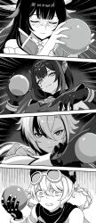  4girls absurdres arlecchino_(genshin_impact) ball bracelet braid braided_hair_rings closed_eyes columbina_(genshin_impact) commentary_request constricted_pupils eye_mask eyewear_on_head facial_mark fang frilled_sleeves frills genshin_impact gloves greyscale hair_between_eyes hair_ribbon hair_rings hat head_wings highres hobio holding holding_ball jahoda_(genshin_impact) jewelry long_sleeves mask mole mole_under_eye monochrome multiple_girls nefer_(genshin_impact) ribbon scarf skin_fang symbol-shaped_pupils triangle-shaped_pupils wings x-shaped_pupils 