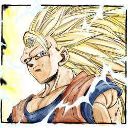  1boy 1rasutotoukou absurdres aura black_background blue_eyes blue_shirt border dougi dragon_ball dragon_ball_z electricity highres long_hair male_focus muscular muscular_male no_eyebrows orange_shirt shirt solo son_goku spiky_hair super_saiyan super_saiyan_3 white_border 