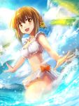  blush bow brown_hair cloud clouds edobox flower hagiwara_yukiho hair_flower hair_ornament idolmaster idolmaster_cinderella_girls jewelry looking_at_viewer necklace open_mouth orange_eyes outstretched_arms short_hair sky solo swimsuit water 