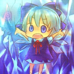  aka_tonbo_(lililil) blue_eyes blue_hair bow chibi cirno hair_bow ice open_mouth outstretched_arms ribbon short_hair solo spread_arms touhou 