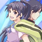  araragi_karen araragi_koyomi back-to-back bakemonotagari black_hair blue_eyes brother_and_sister brown_eyes fang hooded_track_jacket jacket long_hair looking_back monogatari_(series) nisemonogatari off_shoulder open_mouth ponytail siblings smile ygo 