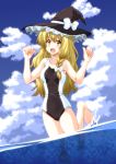  blonde_hair braid feet_in_water hat ken_(haresaku) kirisame_marisa long_hair one-piece_swimsuit soaking_feet solo swimsuit touhou water witch witch_hat yellow_eyes 