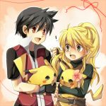  1boy 1girl black_hair blonde_hair blush chuchu_(pokemon) flower green_eyes hair_flower hair_ornament hand_in_hair long_hair lowres mokorei no_hat no_headwear open_mouth pika_(pokemon) pikachu pokemon pokemon_(creature) pokemon_special ponytail red_(pokemon) red_eyes short_hair smile yellow_(pokemon) 