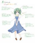  blue_eyes bow daiyousei diagram edamame_(barium) grey_hair hair_ribbon highres ribbon side_ponytail skirt skirt_set smile solo touhou translation_request wings 