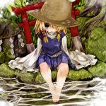  barefoot blonde_hair blue_eyes edo. feet_in_water glint grass hair_over_one_eye hair_ribbon hands_in_sleeves hat high_collar knees leaf light_particles light_smile lips long_sleeves looking_at_viewer moriya_suwako moss pleated_skirt reflection ribbon rock shide shimenawa shirt short_hair sitting skirt soaking_feet solo torii touhou twintails vest water wide_sleeves 