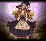 apron blonde_hair bow braid buttons frills gradient gradient_background hair_bow hat hat_bow high_collar kirisame_marisa light_smile long_hair looking_at_viewer puffy_sleeves shino_haruto shirt short_sleeves single_braid skirt skirt_lift solo standing star touhou vest witch witch_hat yellow_eyes 