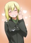  blonde_hair blush closed_eyes erica_hartmann eyes_closed grin heart jewelry military military_uniform ring short_hair smile solo strike_witches uniform youkan 