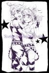  1girl :p arihara_ema armband brother_and_sister cutoffs engrish headset hug kagamine_len kagamine_rin monochrome navel open_mouth ranguage shorts siblings sleeveless standing star striped striped_legwear thigh-highs thighhighs tongue twins v vocaloid 