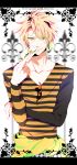  amnesia_(idea_factory) blonde_hair card highres male megumi_(redpapaver) orange_eyes playing_card shirt shirt_around_waist smile solo toma_(amnesia) 