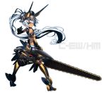  aqua_eyes armor bare_shoulders chainsword dark_skin elbow_gloves fingerless_gloves from_behind gloves hair_over_one_eye headdress horns hosato_mikine long_hair looking_back midriff original ponytail shiny silver_hair simple_background solo very_long_hair weapon 