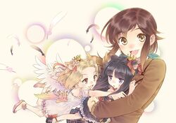  animal_ears black_hair blonde_hair brown_eyes brown_hair cat_ears child crown dress feathers happy hug jacket long_hair multiple_girls original purple_eyes ribbon sandals short_hair t-okada wings 