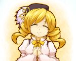  blonde_hair breasts closed_eyes detached_sleeves drill_hair eyes_closed hands_clasped head_tilt large_breasts magical_girl mahou_shoujo_madoka_magica smile solo tomoe_mami zeroemon 