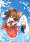  ascot blue_sky bow brown_eyes brown_hair cloud clouds detached_sleeves dreamlight2000 flying gohei hair_bow hair_tubes hakurei_reimu miko open_mouth ribbon short_hair skirt sky smile solo touhou water yin_yang 