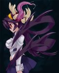  black_background black_hair bust extra_mouth filia_(skullgirls) futakuchi-onna impossible_shirt kuroino_(artist) long_sleeves midriff monster multiple_eyes necktie open_mouth parasite pleated_skirt prehensile_hair profile purple_hair red_eyes saliva samson_(skullgirls) school_uniform serious sharp_teeth skirt skullgirls solo standing tongue yellow_eyes 