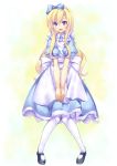  alice_(wonderland) alice_in_wonderland apron blonde_hair blue_eyes blush bow dress eyelashes hair_bow hairband ichijou_hitoshi knees_touching long_hair looking_at_viewer mary_janes open_mouth pantyhose pigeon-toed puffy_sleeves shoes short_sleeves solo v_arms very_long_hair white_legwear 