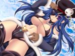  bare_shoulders bikini_top blue_hair boots breasts cabbie_hat chain chains cloud clouds collar detached_sleeves dutch_angle fur_trim gloves hair_ornament hakoiri_nyanko hat large_breasts long_hair mouth_hold navel purple_eyes ragnarok_online shadow_chaser skull_hair_ornament sky solo stalker thigh-highs thigh_boots thighhighs violet_eyes 