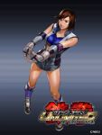  1_girl 1girl belt breasts brown_eyes brown_hair center_opening elbow_gloves elbow_pads gloves grin junny kazama_asuka large_breasts legs namco official_art open_clothes short_hair shorts smile solo tekken tekken_5_(dark_resurrection) tekken_tag_2 tekken_tag_tournament_2 thighs 