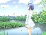  ahoge blue_hair blush cloud doku_hebi dress idolmaster idolmaster_2 leaves looking_up miura_azusa red_eyes river short_hair sky solo water 