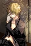  amnesia_(idea_factory) blonde_hair gloves hand_over_face jacket jewelry key male necklace open_clothes pants sitting solo toma_(amnesia) yamika yellow_eyes 