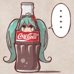  1girl anger_vein bottle chibi coca-cola coke_(cosplay) cola_miku cosplay green_eyes green_hair hatsune_miku in_bottle in_container long_hair pout sakichi_(gyro7msk) solo twintails very_long_hair vocaloid 