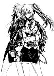  back-to-back chain chains cuffs ego6 fate_testarossa greyscale handcuffs highres long_hair low-tied_long_hair lyrical_nanoha mahou_shoujo_lyrical_nanoha mahou_shoujo_lyrical_nanoha_strikers manacles monochrome multiple_girls ponytail side_ponytail side_slit simple_background skirt smile takamachi_nanoha thigh-highs thighhighs uniform white_background zettai_ryouiki 