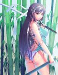  1girl black_eyes black_hair competition_swimsuit fire_emblem fire_emblem:_kakusei from_behind harihisa highres long_hair looking_back one-piece_swimsuit sairi_(fire_emblem) sheath swimsuit sword weapon 