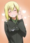  blonde_hair blush closed_eyes erica_hartmann eyes_closed happy heart jewelry military military_uniform ring short_hair solo strike_witches uniform youkan 