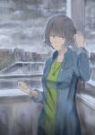  1girl black_hair cloudy_sky earphones jewelry looking_away naro0427 necklace original parted_lips rain short_hair solo 