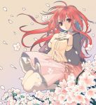  ahoge album_cover character_request cherry_blossoms copyright_request cover dress flower hands_clasped kimura_daisuke long_hair petals red_eyes red_hair redhead skirt solo 