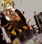  1girl 2k25 2k_(pixiv) amnesia_(idea_factory) blonde_hair brown_hair chin_rest coat comforting couple grey_background hand_on_head head_rest heroine_(amnesia) hug one_head_taller short_hair tears toma_(amnesia) yellow_eyes 